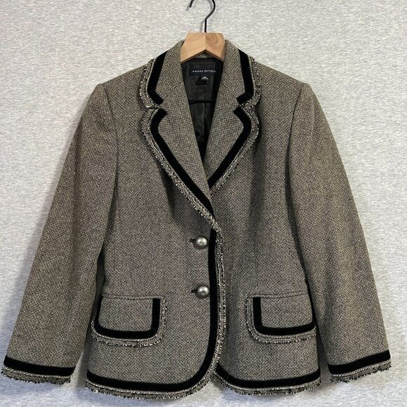 Vintage Y2K Banana Republic Tweed Jacket Womens M Black Wool Blazer Academia - Picture 1 of 16
